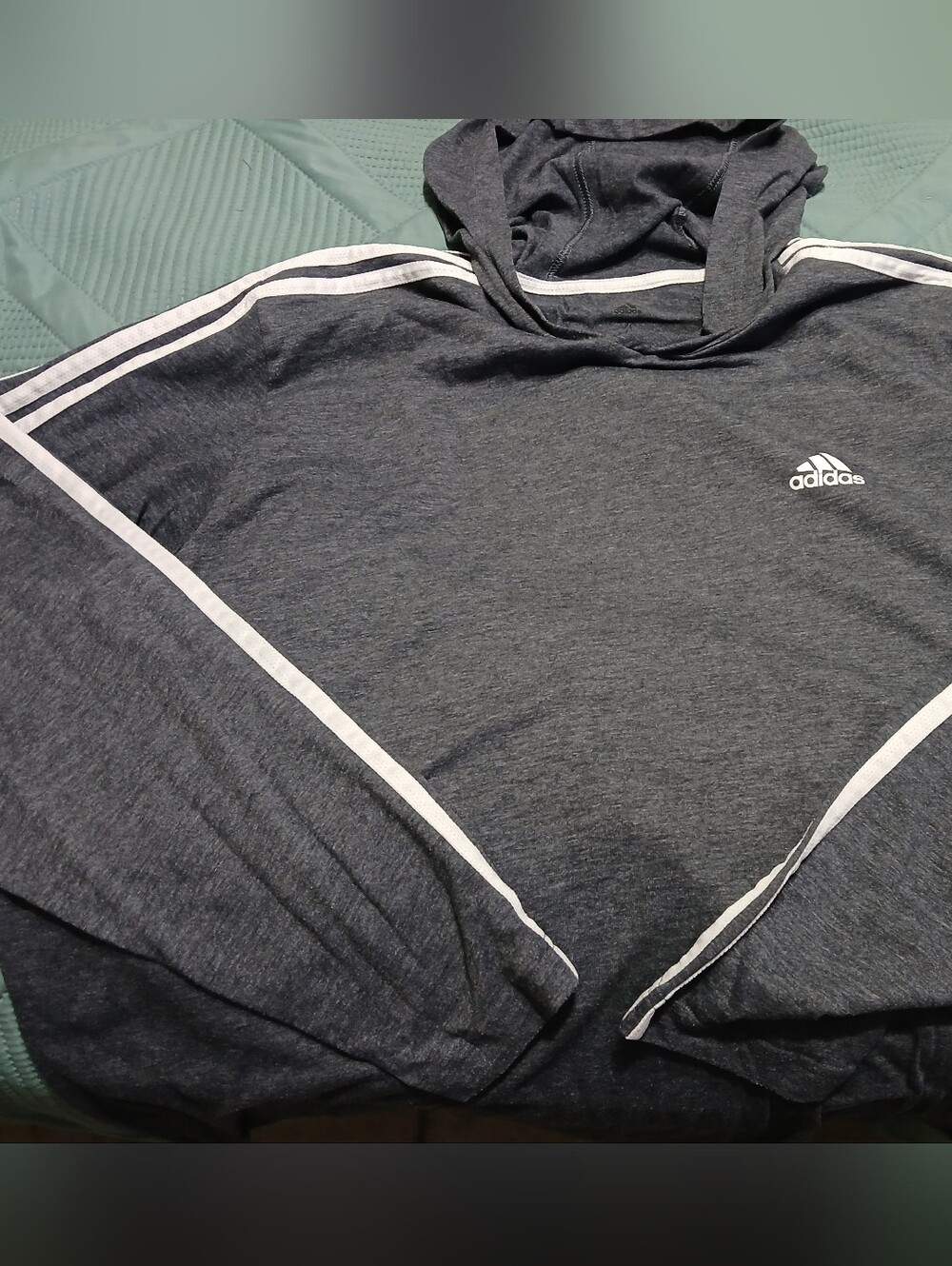 adidas Dark Gray Hooded Pullover Three Stripes Lomg Sleeve Tee XL Mens